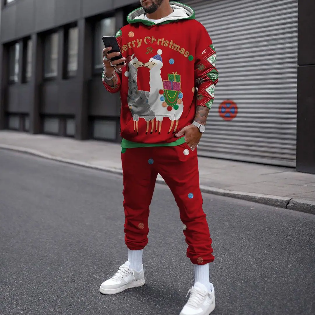 Merry Christmas Hoodie Suit New Autumn 3D Printing Sportswear 2Pcs Set Men Oversize Pullover Men\'s Fashion Kids Casual Suits