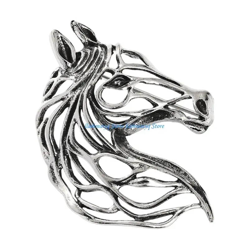 573B Stylish Metallic Horse Head Brooch Pin Intricate Openwork Detailing Light Jewelry Gift Corsage Pin for Adults