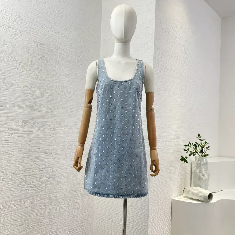 

Women Mist Blue Jeans Mini Dress Sequined Diamond Trim Strap Sleeveless High Quality Dresses 2024 Summer New