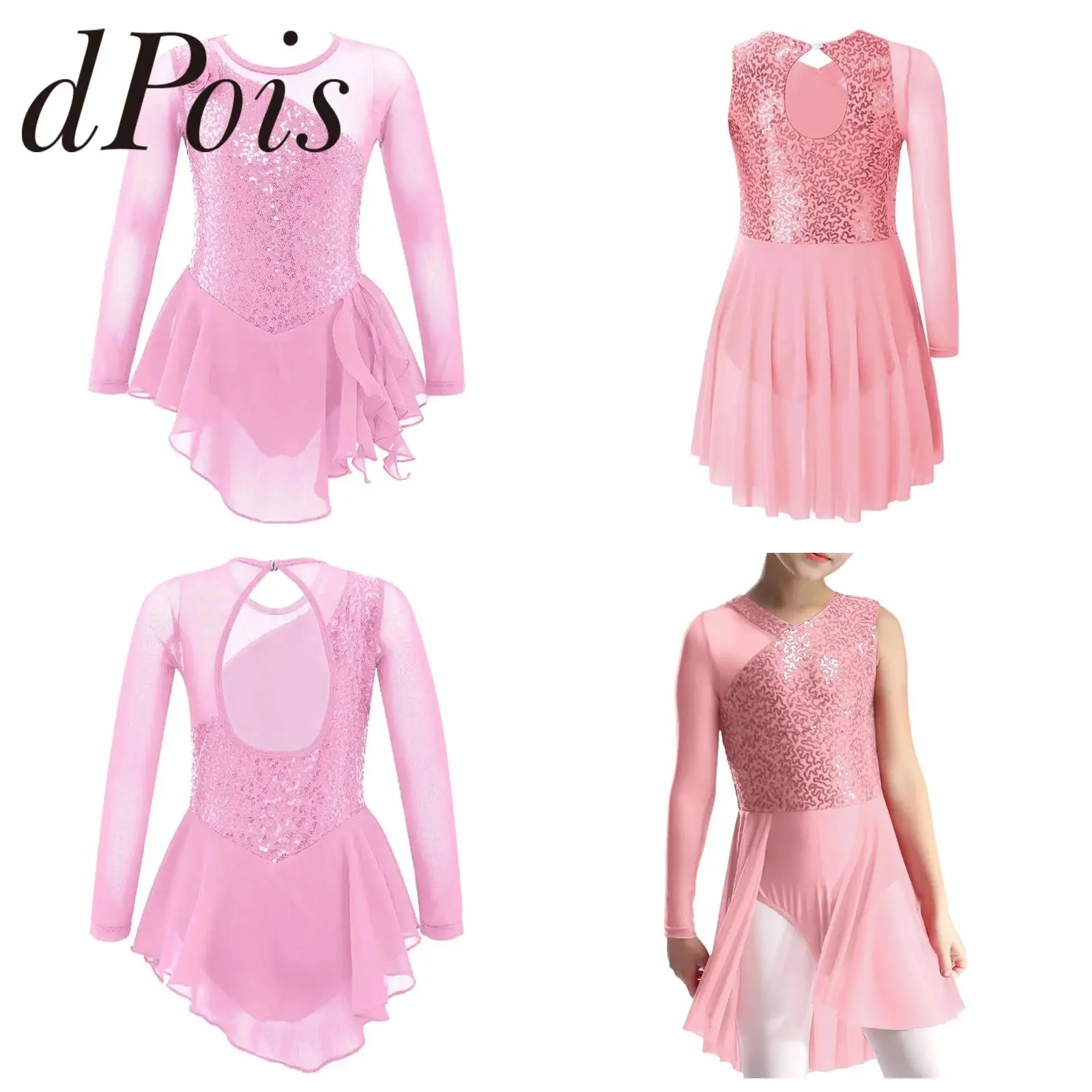 

Платье для лирического катания на коньках для девочек, детское лыжное трико с асимметричными рукавами и блестящими пайетками, детское современное балетное платье