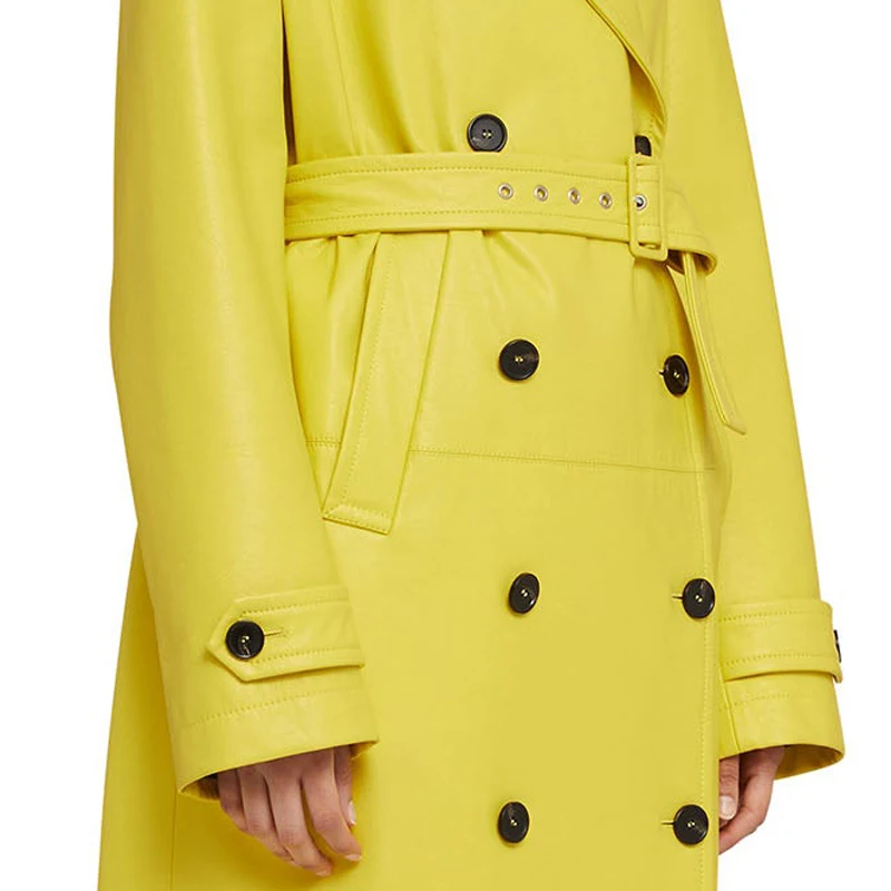 Women\'s winter sheepskin trench coat yellow fashion long length double breasted classic  Trendy leather jacket