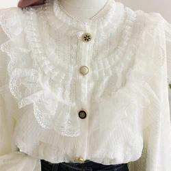 Luxury Ruffles Stitch Lace Shirts and Blouses For Women's Spring Autumn New Sweet Shirt Office Lady Long Sleeve Elegant Top