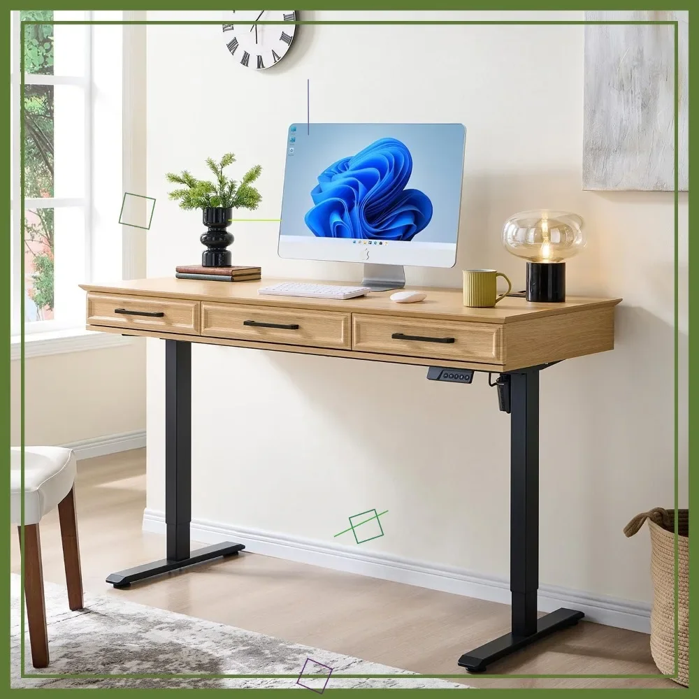 

Электрический регулируемый по высоте стол с 3 ящиками, розетками и столешницей из натурального дуба - 55x26 дюймов