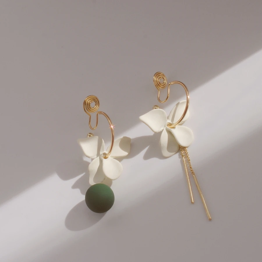 Japanese Korean Asymmetrical Petal Flowers Long Tassels Clip on Earrings for Women No Pierced Mosquito Coil Ear Clips Earrings