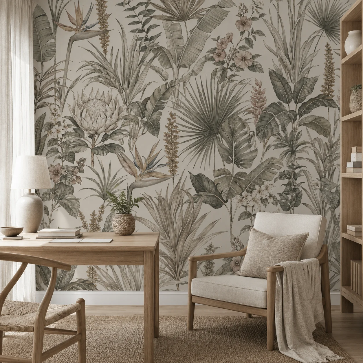 Vintage Tropical Botanical Wall Mural Wallpaper, Beige Jungle Leaves and Protea Flower Feature Wall Decor, Non Self Adhesive