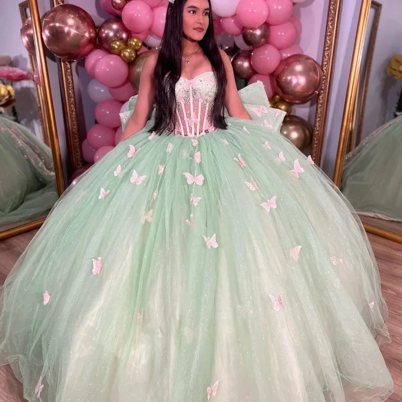 ANGELSBRIDEP błyszcząca szałwia zielony motyl Quinceanera suknie z kokardami ukochana Vestidos De 15 Anos urodziny na imprezę bal księżniczki