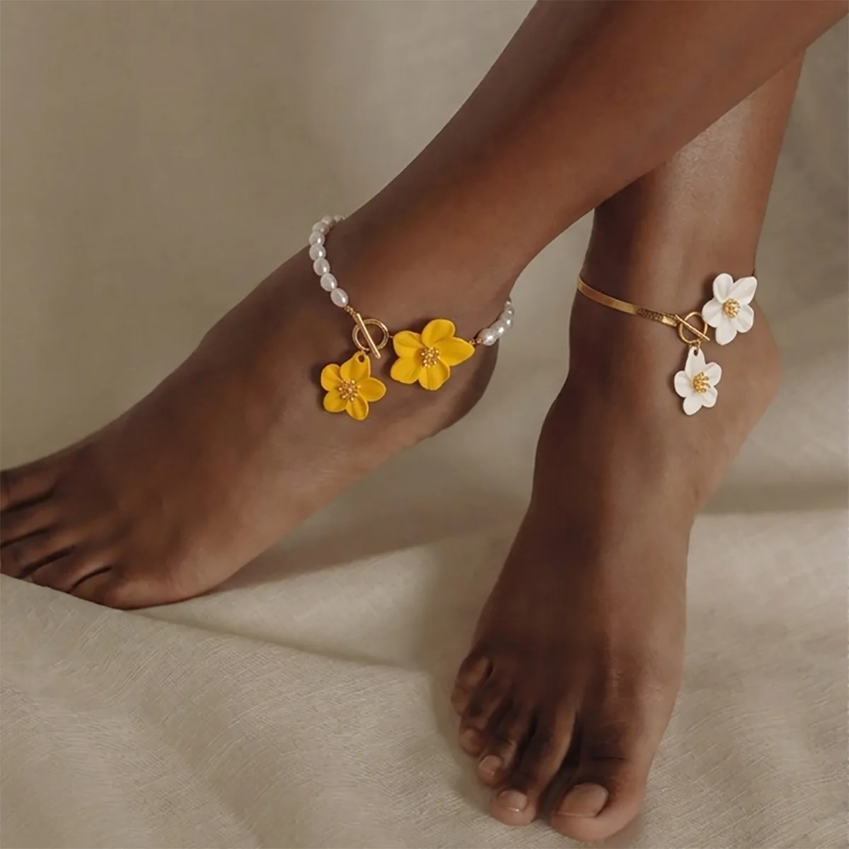 Anklet Adjustable Colorful Floral Beads Faux Pearl Snake Chain Summer Travel Sturdy Comfortable Lightweight Premium