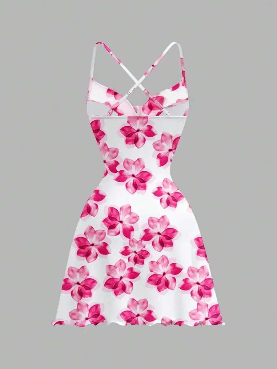 Women's Casual Floral Print Knit Mini Dress, Crisscross Thin Straps, Lettuce Hem Detail, Stylish Going-Out Style view 2