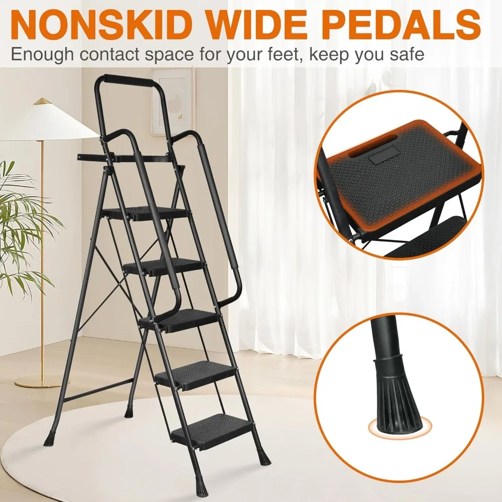 Portable Steel Folding Ladder with Wide Anti-Slip Treads, Tool Platform, Durable and Sturdy Construction, Black