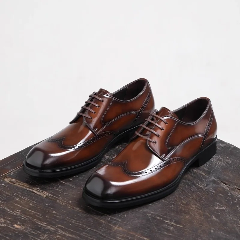 

British Formal Men's Shoes Commuting Business Genuine Leather Brogue Carved Derby Office Wedding Dress Leather Shoes Male