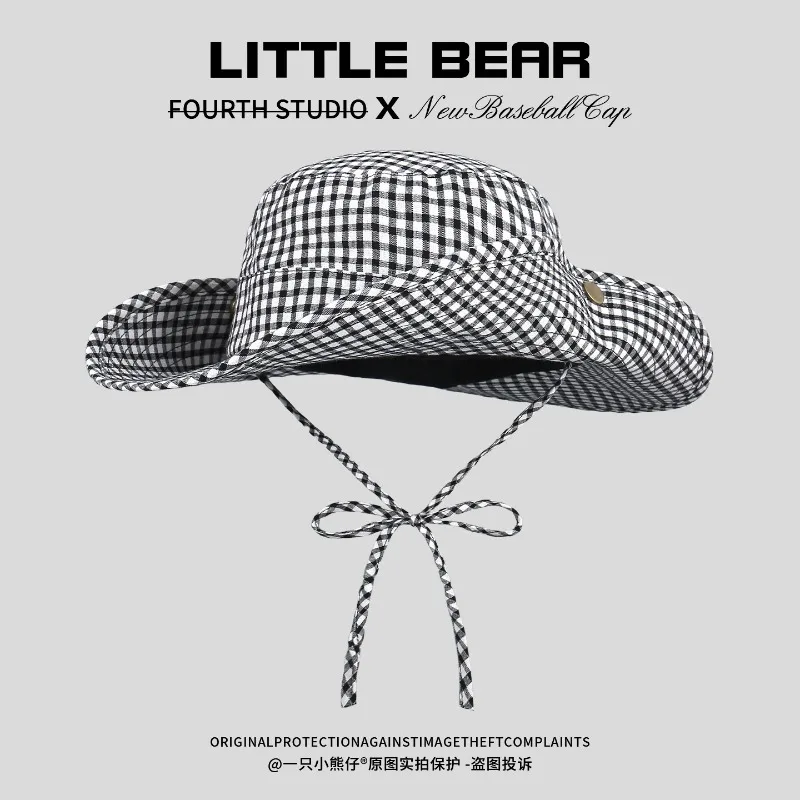 Korean Simple Plaid Bucket Hat Women's Spring and Summer Thin Vacation Breathable Large Brim Shade Windproof Sun Hat Sun Caps