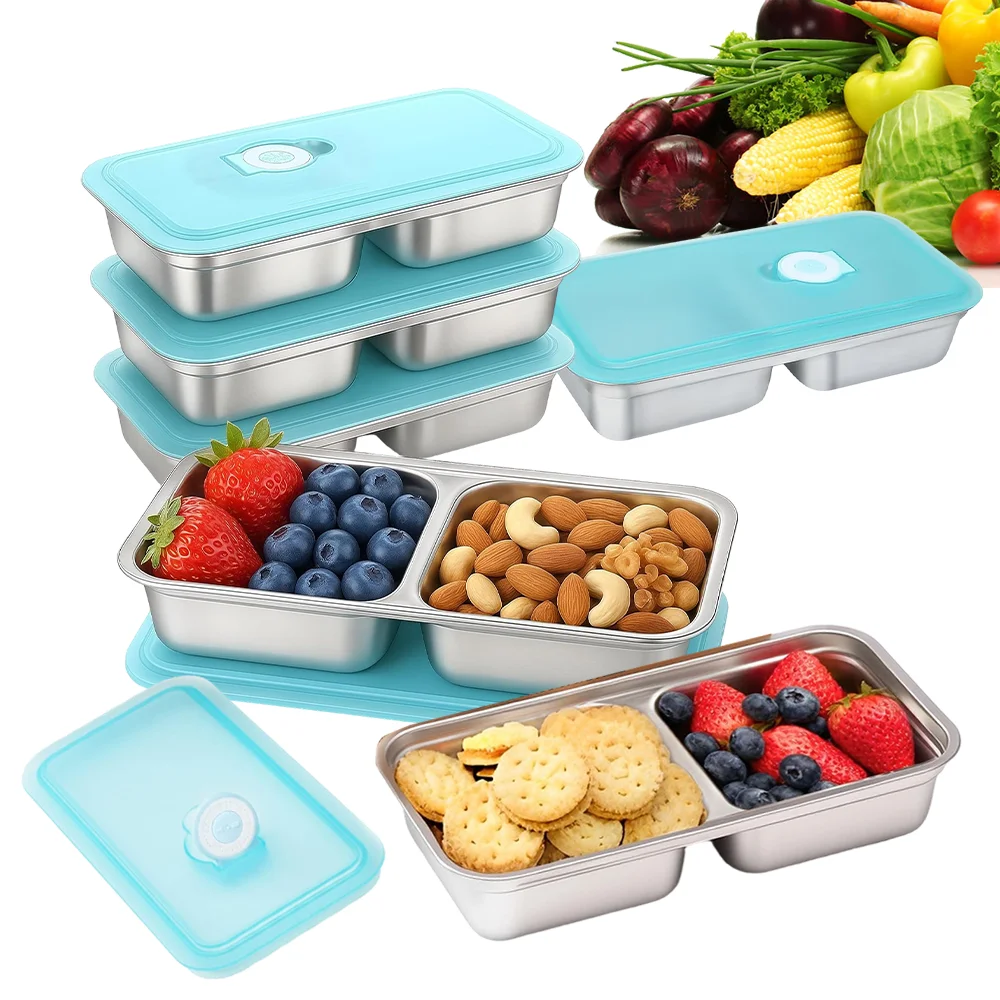 Contenitori per snack in acciaio inossidabile, confezione da 6 contenitori riutilizzabili con coperchio, ideali da portare con sé, con doppio scomparto, perfetti per il pranzo da asporto, il campeggio