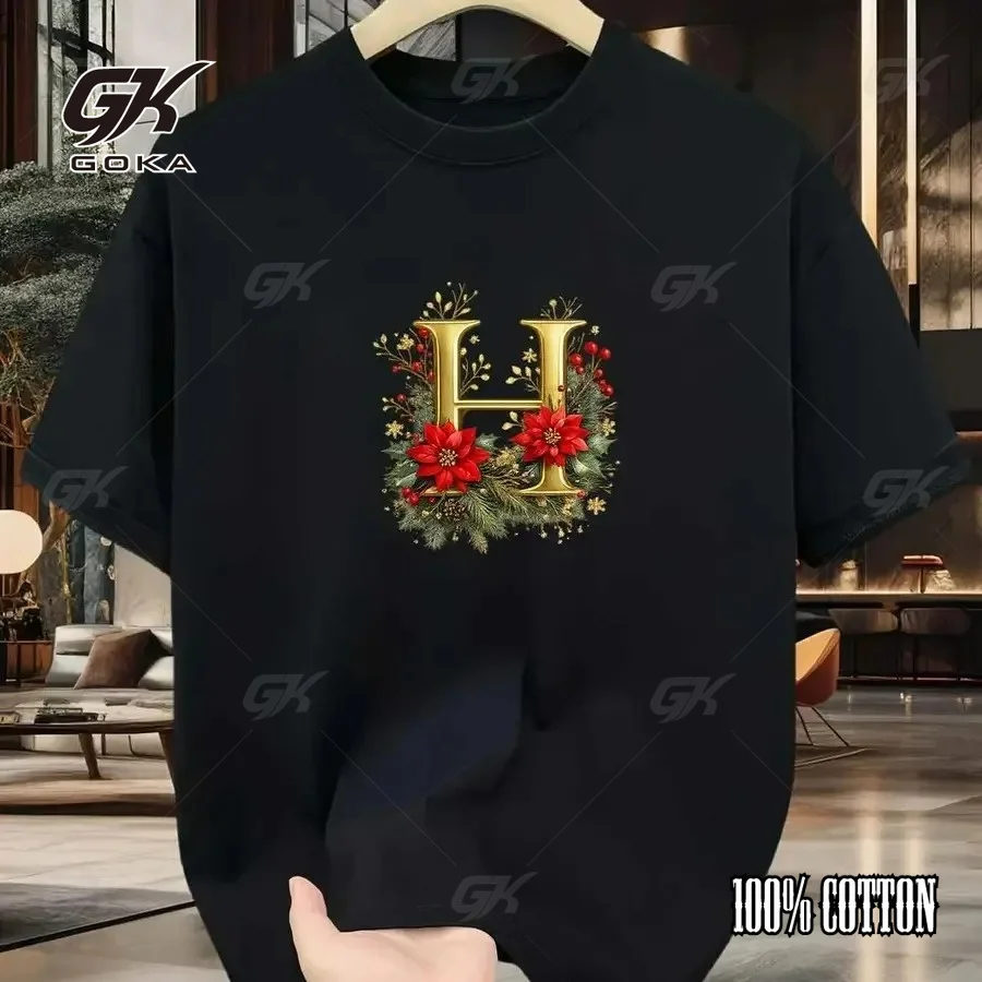 Letter H Initial Monogram Christmas Floral Graphic T-Shirt  Holiday Casual Cotton Tee Hipster Unisex Clothes Comfortable