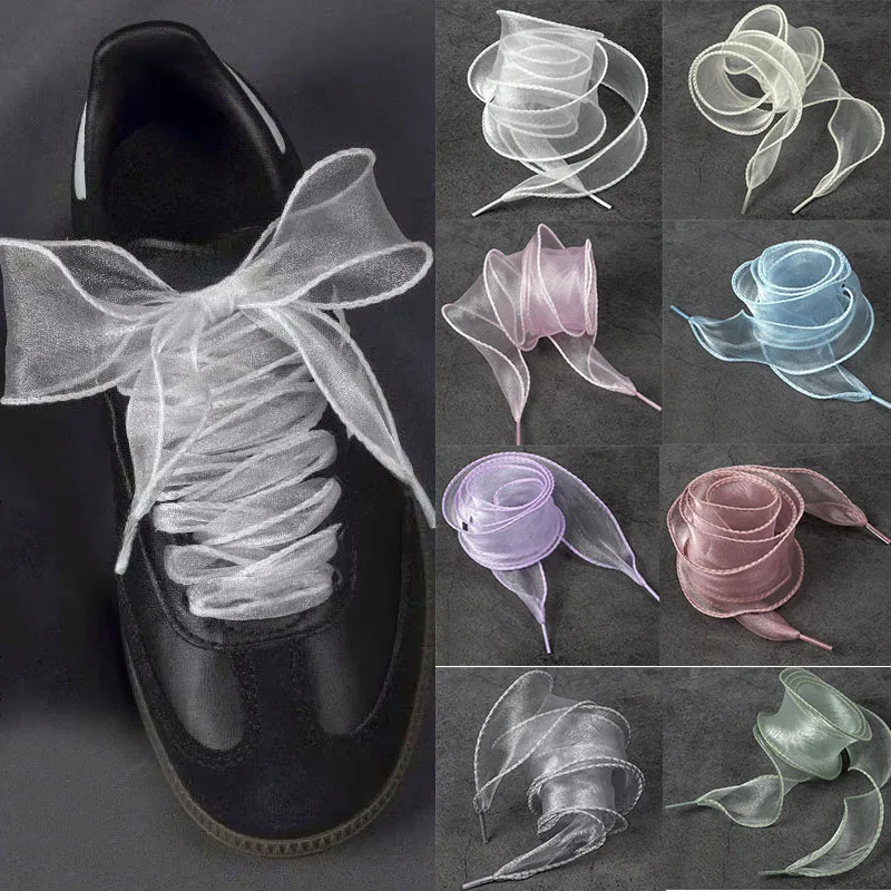 1Pair 80-140cm Fashion Organza Ribbon Sport Shoes Sneakers Bowknot Solid Flat Shoelaces Sport Casual Laces Women
