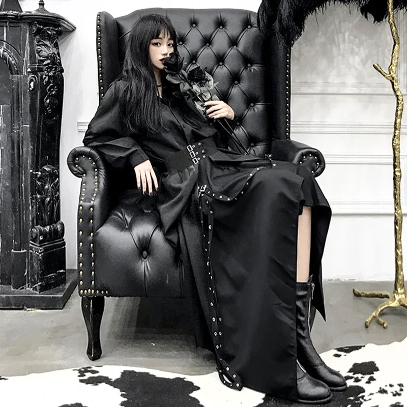 

Boho Retro Long Sleeve Blouse and Ribbons Irregular Yamamoto Skirt Set Gothic Punk Black Women's Set Outfit 2020 plus size