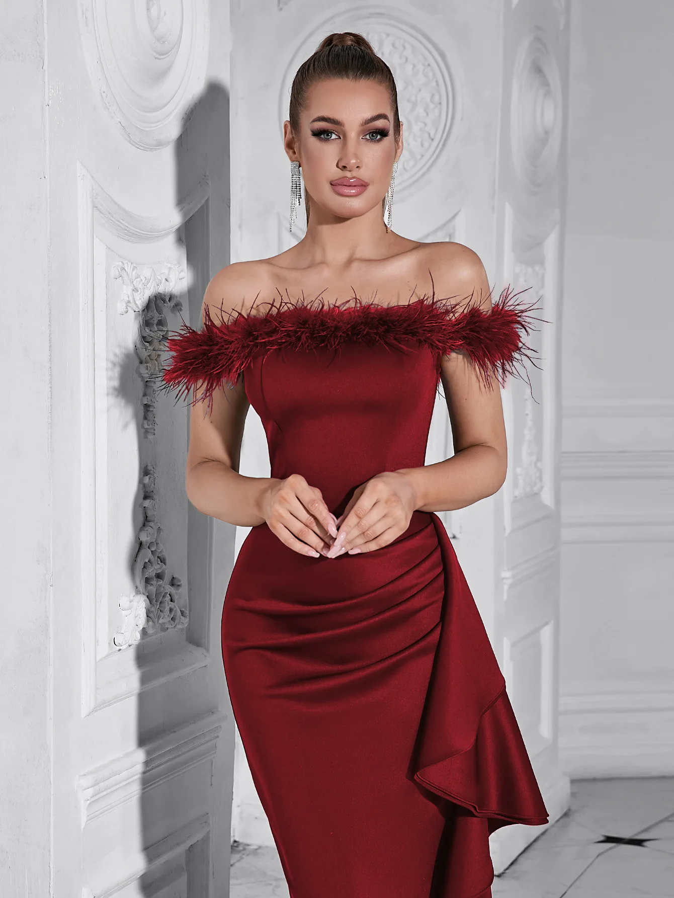 

Ele Faionable One-oulder Feather Mosaic Long Dr Par Wedding Date Cany Annual Ceremony Performance Everyday Wear