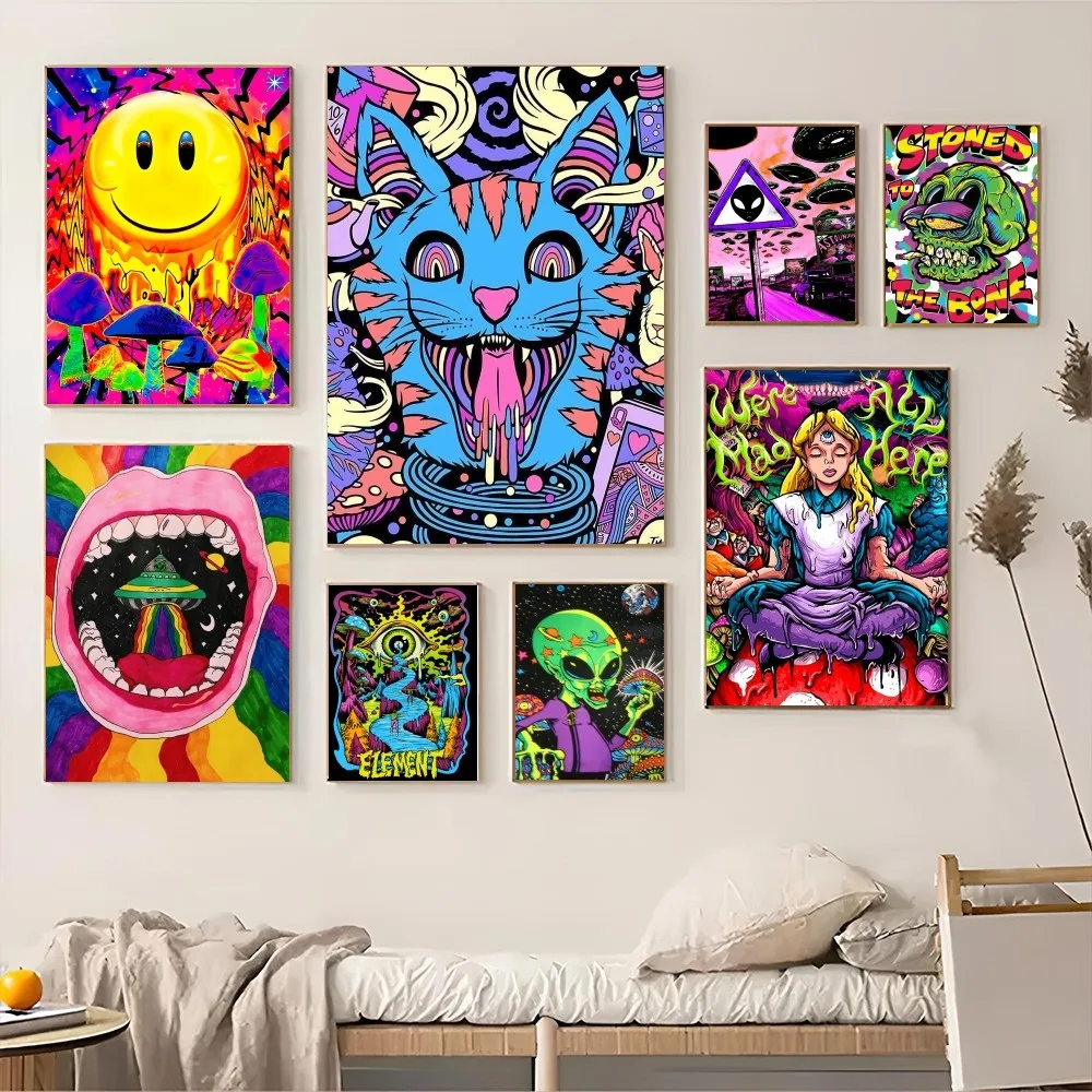 1PC Trippy Skeleton Abstract Psychedelic Mushroom Poster Waterproof HD Sticker Bedroom Entrance Home Living Room Bar Wall Decor