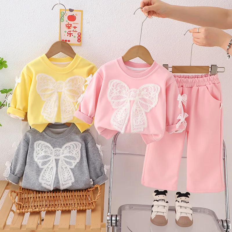

Girls' Spring and Autumn Bow Long Sleeve Set 2025 New Casual Western Style Baby Spring and Autumn Hoodie Two Piece Set