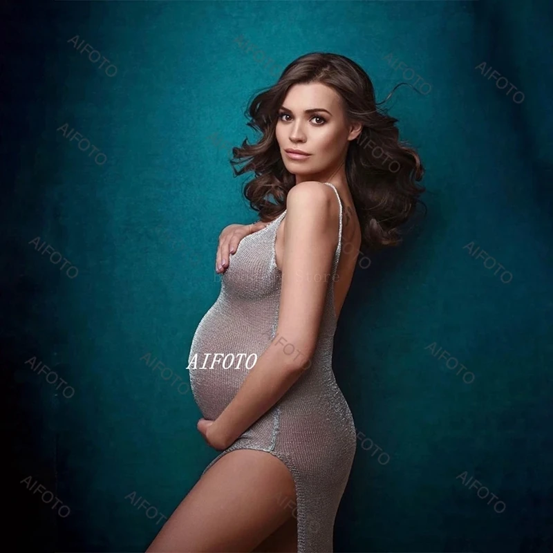 Maternity Dresses For Baby Shower Photoshoot Stylish Maternity  with Straps V-Neck for Parties Photography