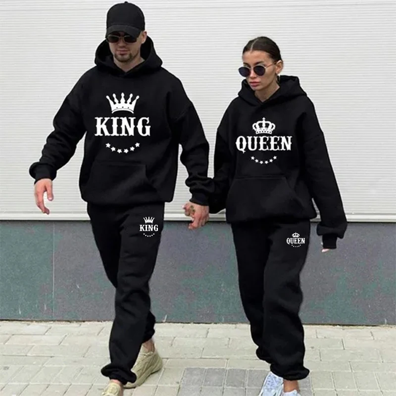 New KING and QUEEN Alphabet Couple Partner Fashion Hooded Suit Cartoon Funny Couple Hoodie + Pants 2-piece Suit