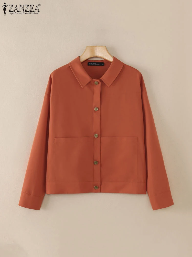 ZANZEA-abrigos de primavera para mujer, prendas de vestir de manga larga con cuello de solapa, camisa de trabajo a la moda, ropa de calle, cárdigan liso fino, Tops, chaquetas Vintage