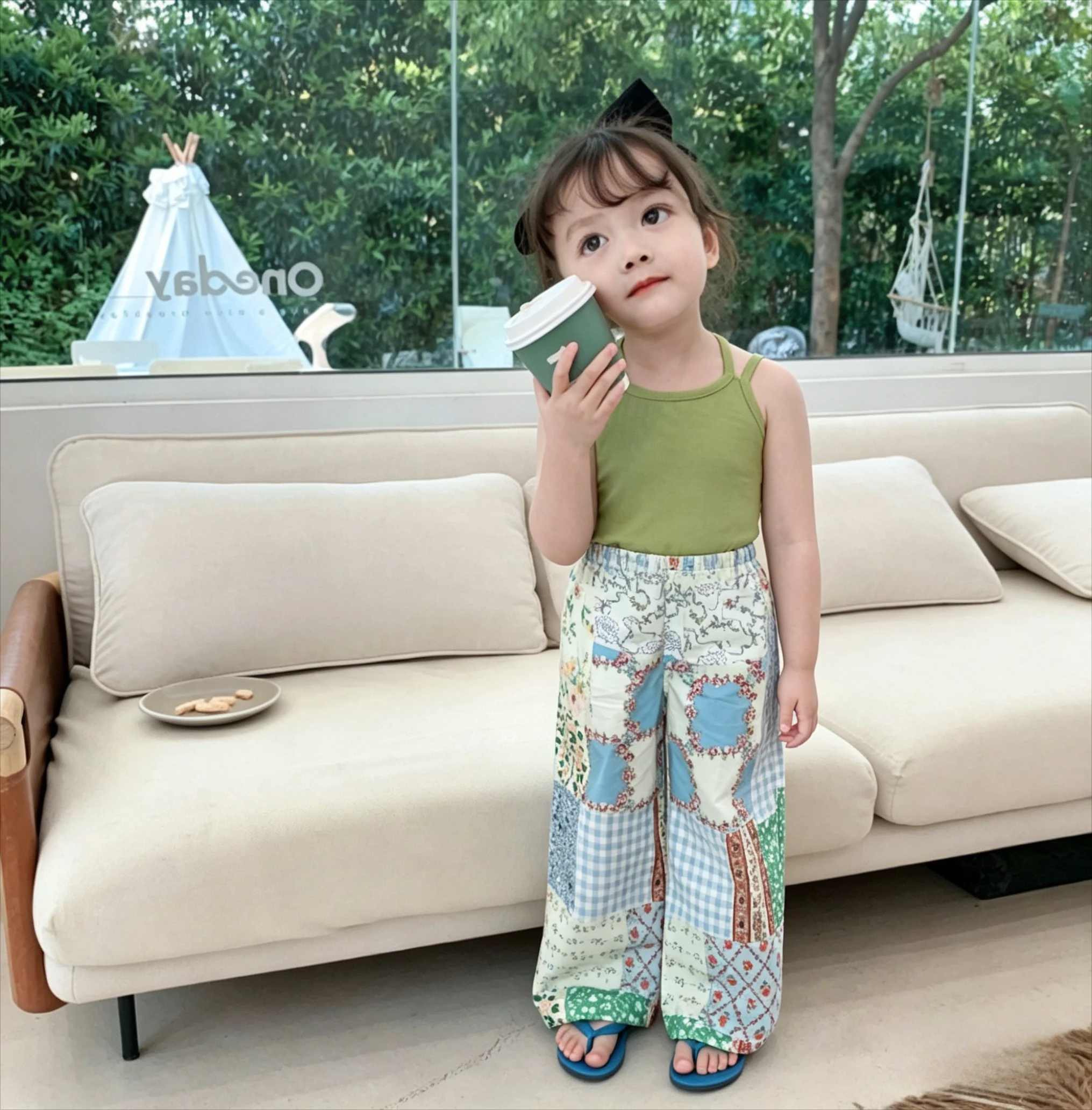 2026 New Summer Toddler Girl 2Pcs Outfit Yellow Ruffle Cami Top Patchwork Print Loose Anti Mosquito Pants Casual Beach Wear