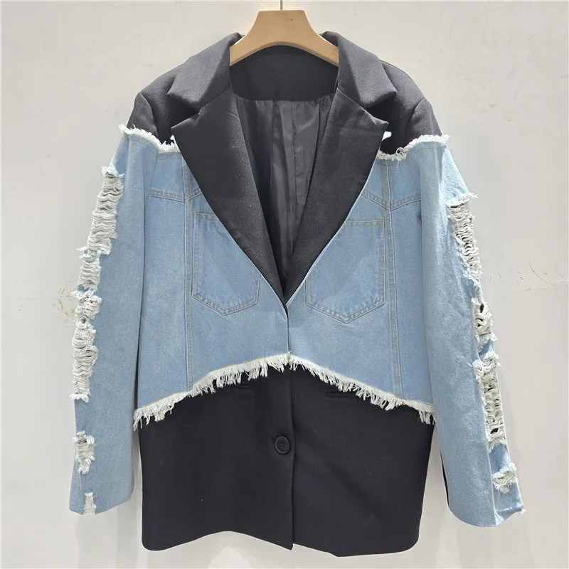 2026 Fashion Frayed Burrs Contrast Color Denim Long Sleeve Stitching Suit Jacket Loose Casual Notched Collar Women Blazers Coat