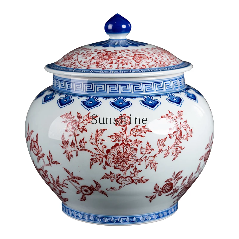 

Ceramic vase, blue and white underglaze red large storage tank, new Chinese living room decoration, ornament