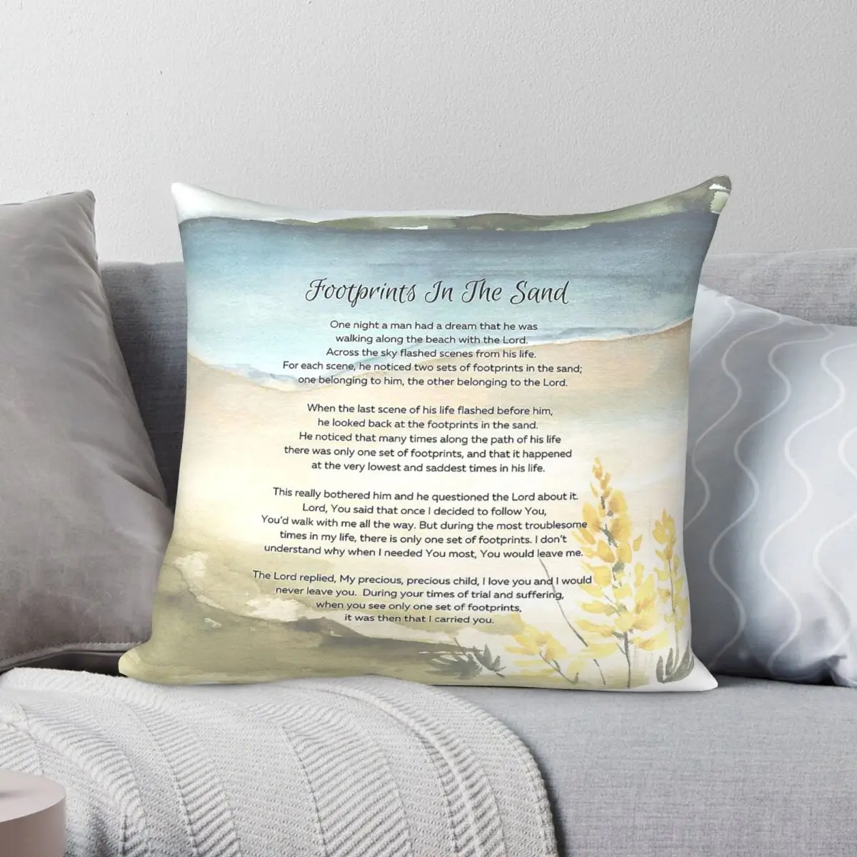 Housse de coussin carrée avec motif de poème Footprints In The Sand, en polyester, lin, velours, avec fermeture éclair, housse de coussin décorative pour voiture
