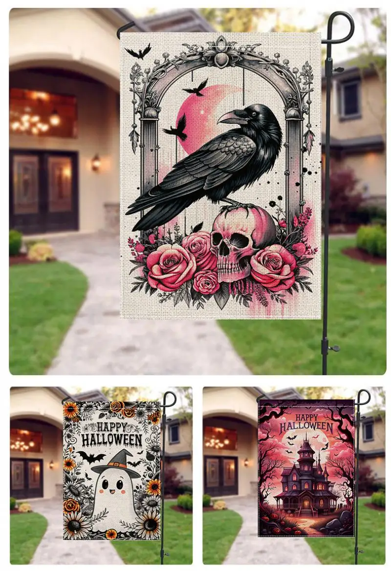 2 Stück Halloween-Horror-Gartenflagge, bunter Karomuster-Druck, Outdoor-Hofdekoration, niedliche Geister-Skelett-Flagge für den Allerheiligen-Tag – Detail 5