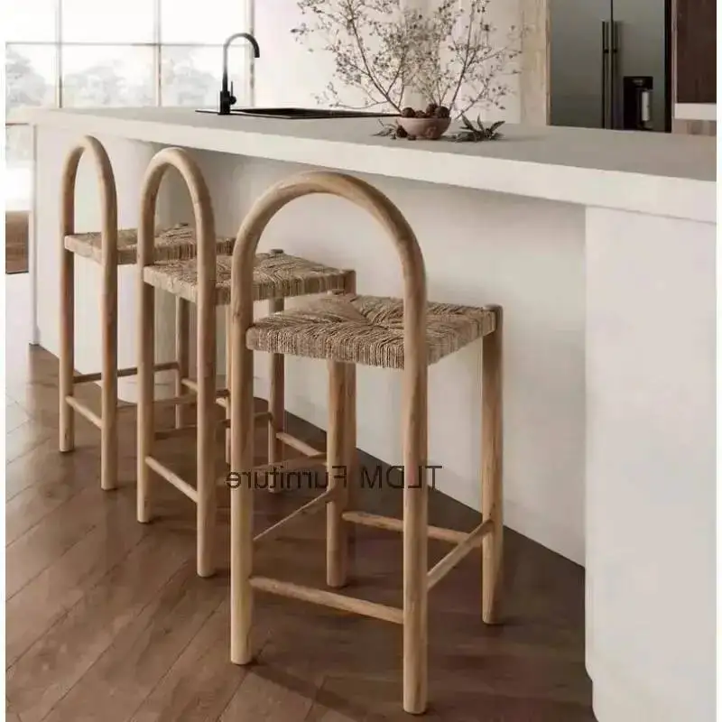 Bar Nordic Rattan Bar Chairs High Waiting Fashion Adults Woven Chairs Modern Party Wooden Comfortable Relax Muebles Furniture