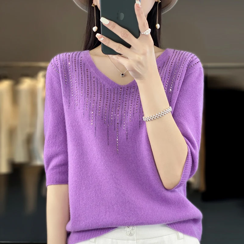 First-line ready-to-wear spring and summer new fashion exquisite diamond-encrusted V-neck 100% pure wool sleeve top woman