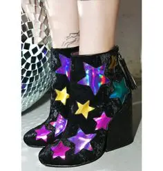 Spring Five Pointed Star Sequin Women's Ankle Boots Round Head Black Mixed Color Chunky Heels Leather Zipper Designer Suede