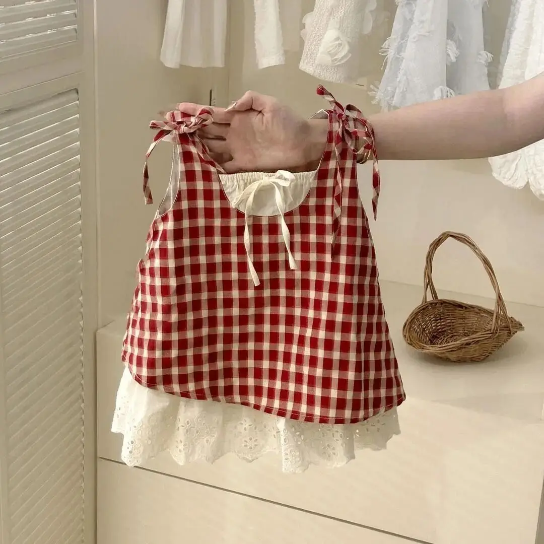 

Children Dress Girls Red Plaid Fake Two-piece Dress Summer New Children Baby Bow Vest Dress with Headscarf