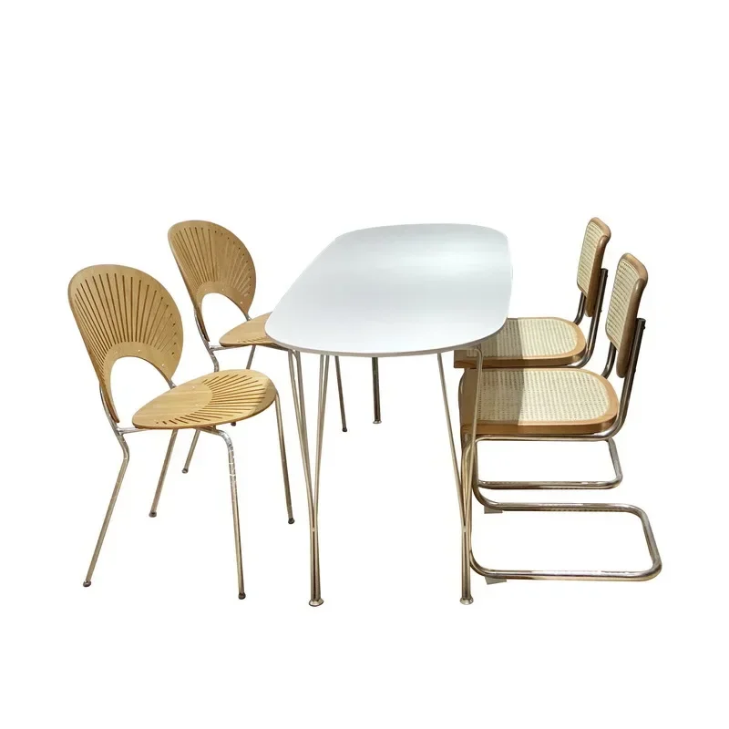 

Pure white rock slab dining table, marble solid wood medieval oval small apartment household dining table