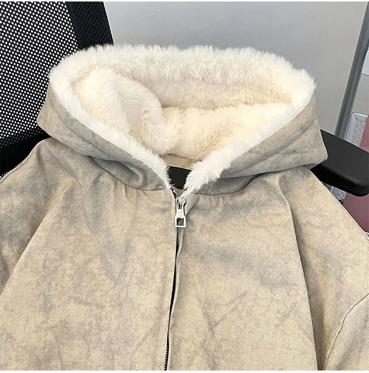Winter Fleece-lined Thickened Hooded Cotton Jacket for Men, Distressed, American High Street Retro, Youth Warmth