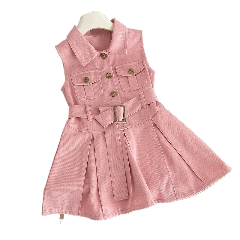 Summer Girls Suits Sleeveless Lapel Vest Kids Dress Fashion Korean Toddler Girl Casual Dresses Baby Girl Dress Vestidos 2-7Yrs