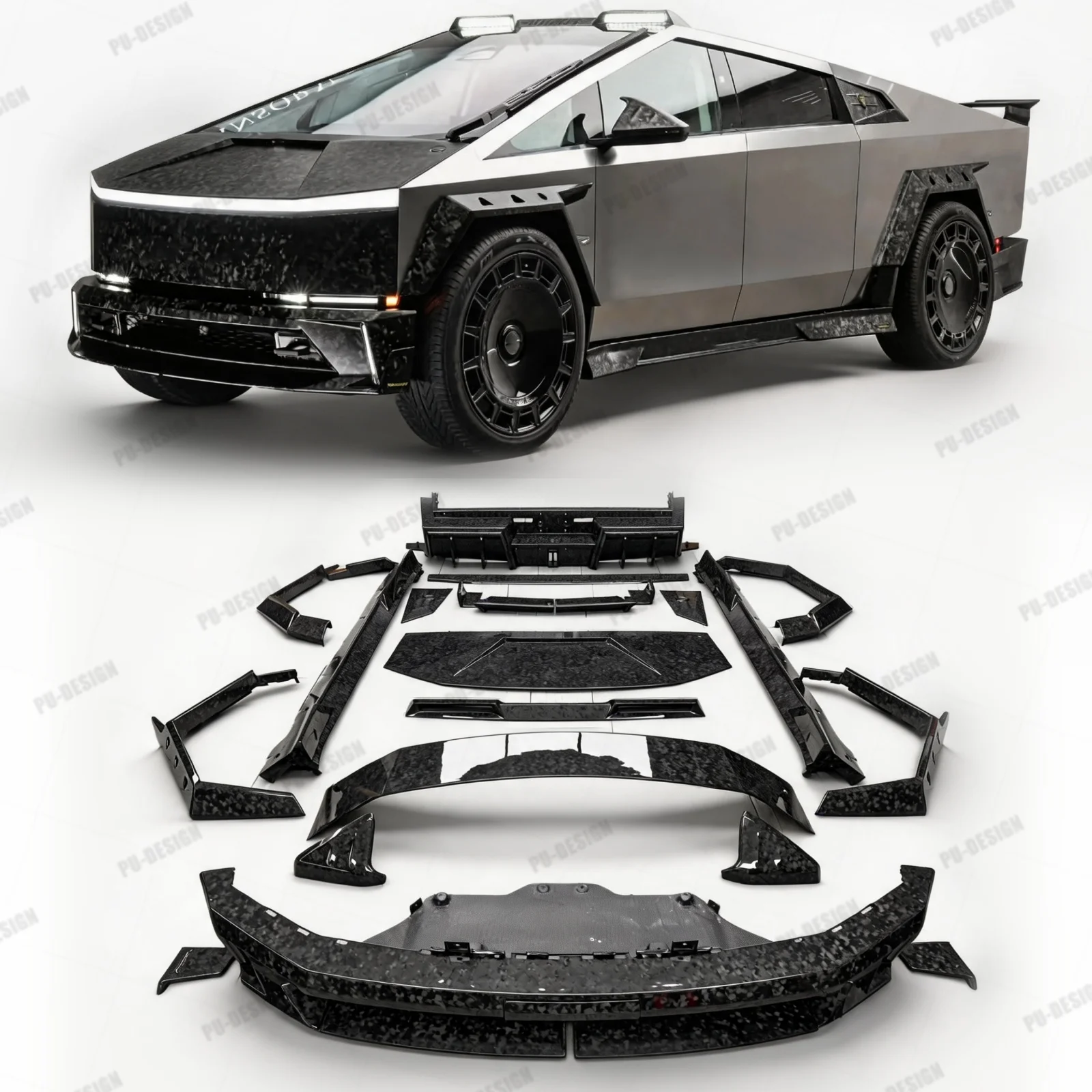 For Tesla Cybertruck High-Quality M Style Dry Carbon Fiber Body Kit Front Bumper Lip Side Skirt Spoiler Exhaust Upgrade Parts