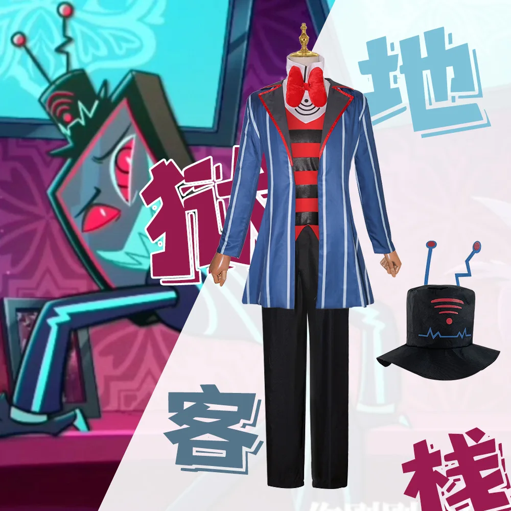 

Anime Hazbin Cosplay Vox Disguise Costume Uniform Suit Outfit Men Carnival Party Cominic Halloween Costume Blue Suits for Adult