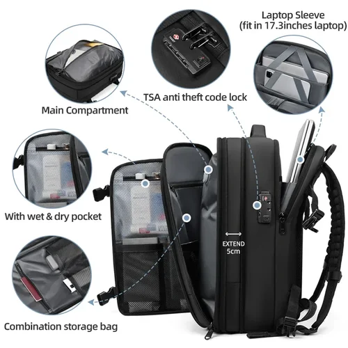 Imagen 2 del producto Mochila de viaje para hombre, mochila para ordenador portátil de compresión al vacío, mochila escolar extendida de gran capacidad de 17 pulgadas, mochila de negocios para senderismo