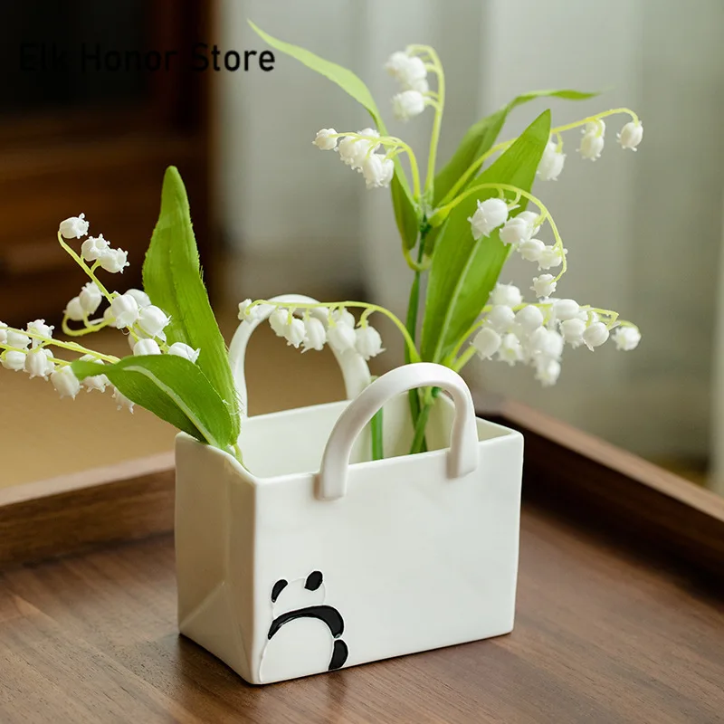 Pure Hand-painted Panda Piglet  Vase Creative Handbag Hydroponics Plant Pot Household Flowerpot Fruit Basket Tableware Ornaments