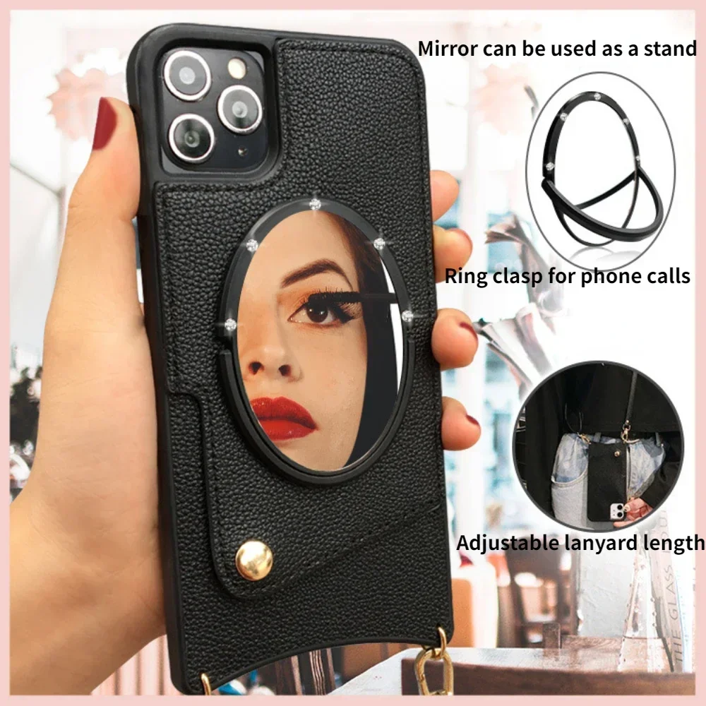 

New for iphone14 Makeup Mirror Card Phone Case 13 12promax XR XSMAX Oblique Lanyard 11pro Mini 8plus Mobile Phone Leather Cover