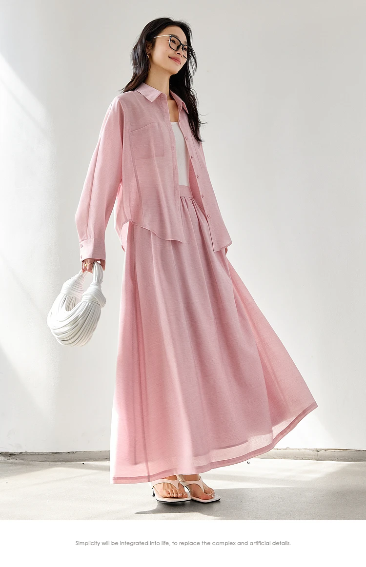

VIMLY Women's Lyocell Blend Skirt Suit Woman Outfits 2025 Spring Loose Shirt High Waist Long Skirt Two Piece Skirt Set M9063