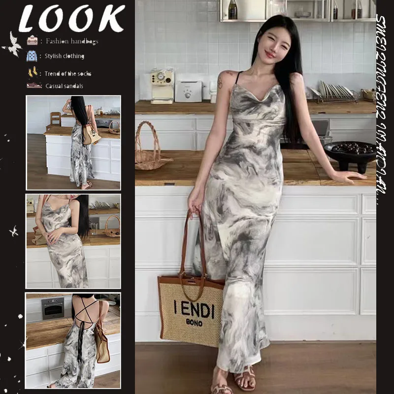 

Elegant Backless Belted Design Summer Dress Sexy Vacation Style Long Skirt High Waist Fish Tail Gown Polyester Fabric No Sleeve
