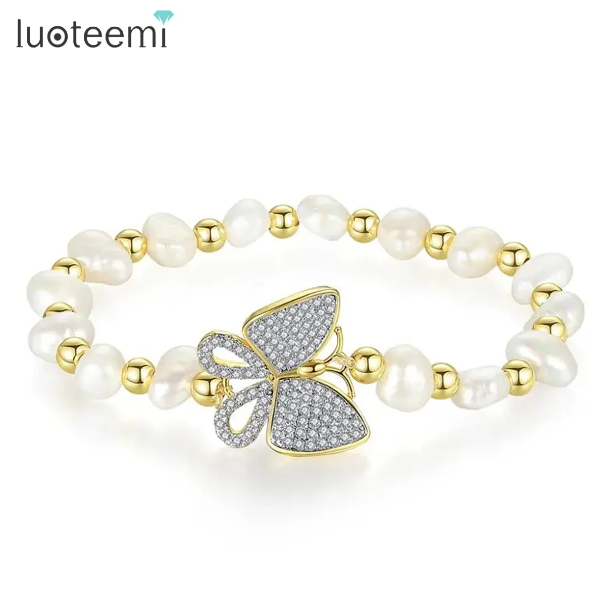 

LUOTEEMI Gold Color Butterfly And Pearls Bracelet for Women Party Luxury Pink Clear CZ Insect Fashion Jewelry Christmas Gift