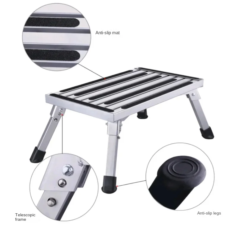 Adjustable Height RV Step Aluminum Folding Platform Stool Portable Step with Anti-Slip Surface Camper Access Ladder