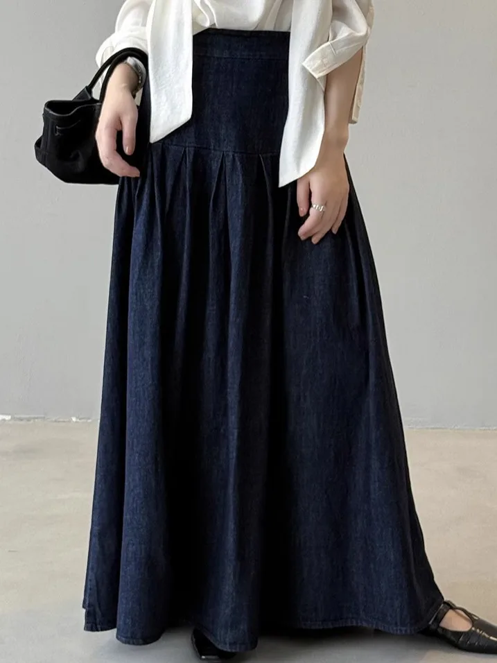 

Deep Blue Denim A-Line Midi Skirt Women's Casual High Waist Wide Hem Vintage Spring Autumn New Sle Girls' Elastic Waist
