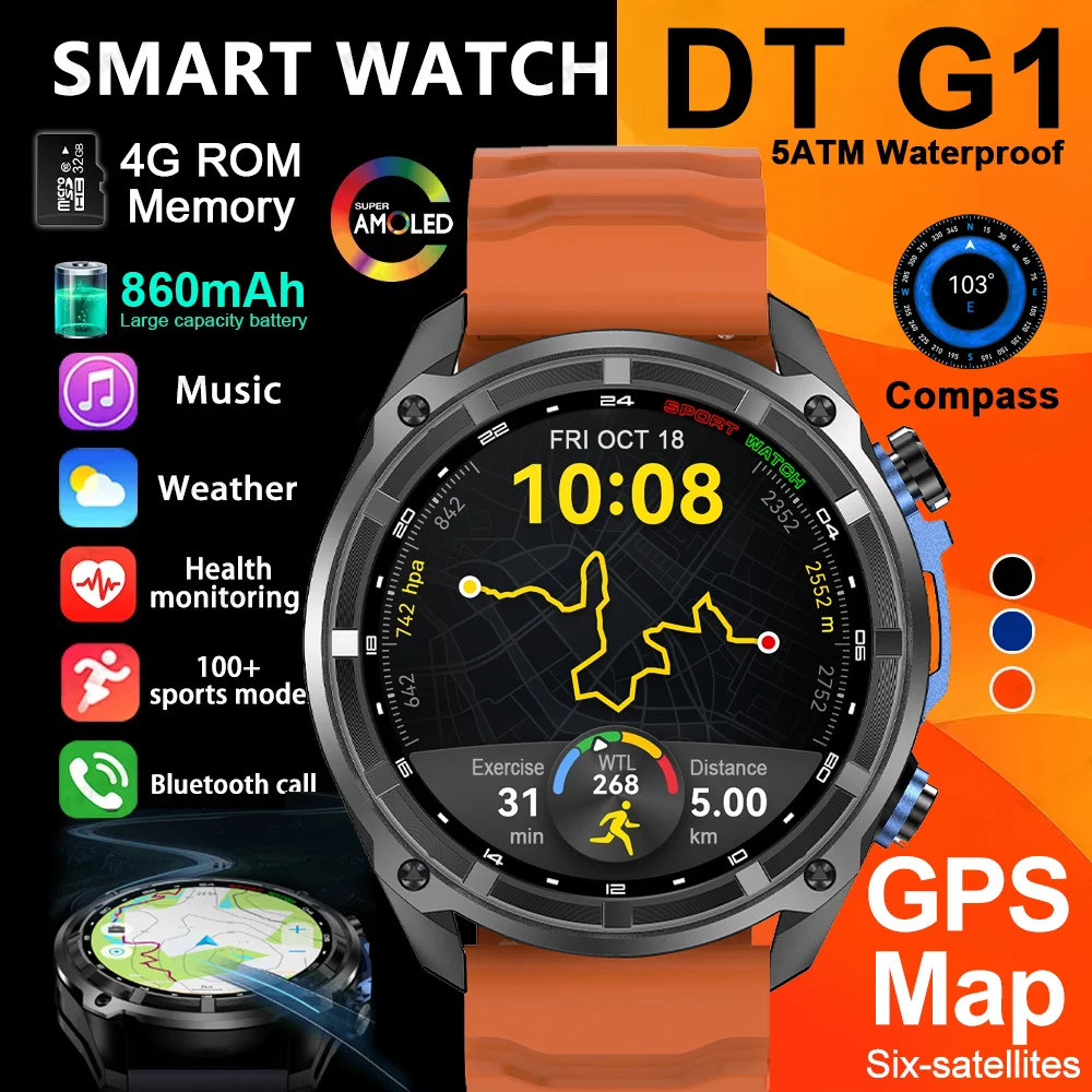 

DT G1 GPS Bluetooth 6.0 Smart Watch Smartwatch Map Compass Altimeter IP69K Waterproof AMOLED 466*466 Sports Watches Android IOS