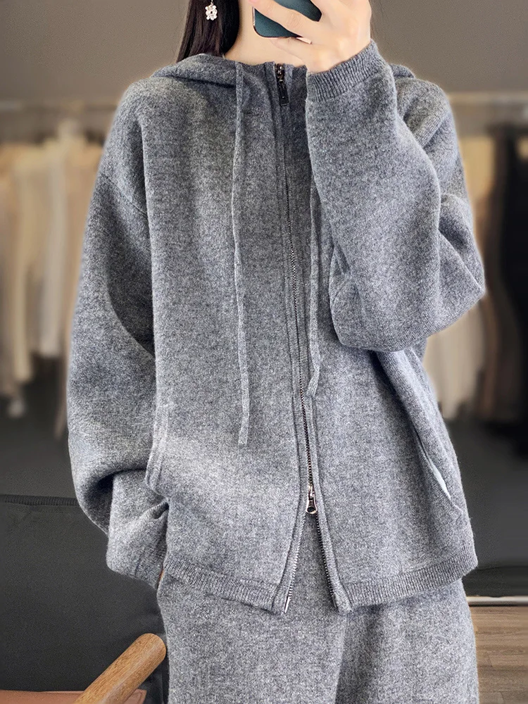 High-end Thicken 100% Wool Zipper Cardigan Women Hooded Knitted Coat Fashion Loose Plus Size Jacket Double zipper Winter Sweater