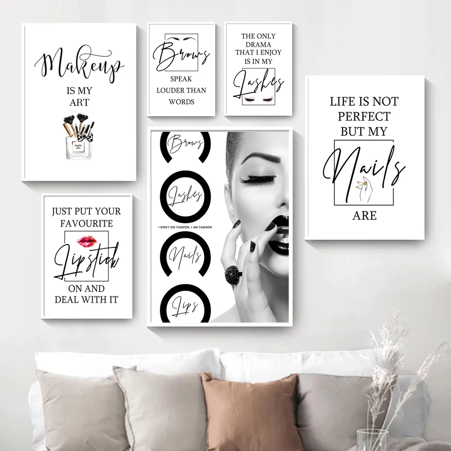 Modern Fashion Brow Lash Lipstick Nail Makeup Poster Black White Beauty Salon Canvas Painting Wall Art Picture Studio Room Decor